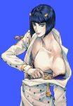  1boy bangs black_hair blue_eyes blunt_bangs bob_cut bruno_buccellati corset hair_ornament hairclip highres jojo_no_kimyou_na_bouken male_focus off_shoulder pectorals ranch_jjba smile solo undressing vento_aureo zipper 