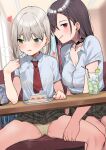  2girls blush breasts brown_hair button_gap cake choker cleavage collared_shirt cup diner drink drinking_glass drinking_straw ear_piercing eating food fork green_eyes grey_hair groin hand_on_another&#039;s_thigh heart highres holding holding_fork long_hair looking_to_the_side medium_breast mole mole_on_thigh mole_under_eye motto_notto multiple_girls necktie original panties piercing pink_hair plaid plaid_skirt red_necktie school_uniform shirt short_hair short_sleeves sitting skirt spread_legs sweatdrop table thighs unde under_table underwear upskirt yellow_panties yuri 