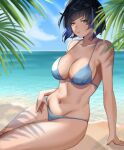  1girl absurdres aqua_eyes arm_support bangs bare_arms bare_shoulders beach bikini black_hair blue_bikini blue_hair blue_sky blunt_bangs bob_cut breasts cloud collarbone commentary day english_commentary genshin_impact gradient_hair groin highres large_breasts looking_at_viewer lulanoon mole mole_on_breast multicolored_hair navel ocean parted_lips short_hair sitting sky solo stomach swimsuit thighs water yelan_(genshin_impact) 