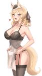  1girl 360_(taiyo360) :d absurdres animal_ear_fluff animal_ears arknights bare_arms bare_shoulders black_bra black_headwear black_legwear black_panties black_ribbon blonde_hair blue_eyes blush bra breasts clothes_lift commentary_request cowboy_shot eyebrows_visible_through_hair garter_straps hair_ribbon hat heart highres horse_ears large_breasts long_hair looking_at_viewer mini_hat open_mouth panties partial_commentary pelvic_curtain pelvic_curtain_lift ribbon simple_background smile solo standing tail thick_eyebrows thighhighs thighs underwear whislash_(arknights) white_background 