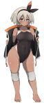  1girl absurdres asyura_kumo bangs barefoot bea_(pokemon) black_bodysuit black_hairband bodysuit bodysuit_under_clothes bow_hairband contrapposto covered_navel dark-skinned_female dark_skin grey_eyes grey_hair hair_between_eyes hairband highres pokemon pokemon_(game) pokemon_swsh short_hair solo 