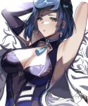  1girl armpits arms_up bangs bare_shoulders blue_hair blunt_bangs breasts cleavage cleavage_cutout clothing_cutout commentary dice elbow_gloves eyebrows_visible_through_hair genshin_impact gloves green_eyes highres large_breasts looking_at_viewer lulanoon mole mole_on_breast parted_lips purple_gloves short_hair simple_background single_glove sleeveless solo upper_body white_background yelan_(genshin_impact) 