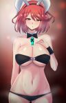  1girl absurdres animal_ears bangs bow bowtie breasts chest_jewel fake_animal_ears highres large_breasts latte lingerie navel playboy_bunny pyra_(xenoblade) rabbit_ears red_eyes red_hair short_hair solo swept_bangs underwear xenoblade_chronicles_(series) xenoblade_chronicles_2 