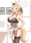  1girl 360_(taiyo360) :d absurdres animal_ear_fluff animal_ears arknights bare_arms bare_shoulders black_bra black_headwear black_legwear black_panties black_ribbon blonde_hair blue_eyes blush bra breasts clothes_lift commentary_request cowboy_shot eyebrows_visible_through_hair garter_straps hair_ribbon hat heart highres horse_ears large_breasts long_hair looking_at_viewer mini_hat open_mouth panties partial_commentary pelvic_curtain pelvic_curtain_lift ribbon smile solo standing tail thick_eyebrows thighhighs thighs underwear whislash_(arknights) 