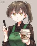  1girl apron black_shirt brown_eyes brown_hair collared_shirt commentary_request green_apron grey_background highres holding holding_marker kaga_(kancolle) kantai_collection long_hair looking_at_viewer marker matsunaga_(haku) shirt side_ponytail simple_background solo starbucks tumbler twitter_username upper_body 