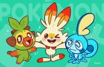  2019 ambiguous_gender blush english_text grookey group hi_res looking_at_viewer nintendo one_eye_closed open_mouth open_smile pok&eacute;mon pok&eacute;mon_(species) scorbunny signature simple_background smile sobble sparkles text tonestar trio video_games wink 
