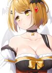  1girl absurdres black_choker blonde_hair breasts choker cleavage closed_mouth collarbone eyebrows_visible_through_hair hair_ornament heart heart-shaped_pupils highres hololive looking_to_the_side short_hair simple_background solo symbol-shaped_pupils upper_body virtual_youtuber white_background yellow_eyes yozora_mel yuuzuki_(re&#039;ef) 