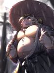  2022 absurd_res anthro band-aid bandage belly big_belly cai_yuwang eyewear felid glasses hi_res humanoid_hands kemono licho_(tas) lifewonders male mammal moobs outside overweight overweight_male pantherine raining solo tiger tokyo_afterschool_summoners umbrella video_games white_body 