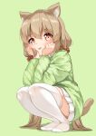  1girl :p animal_ear_fluff animal_ears blush brown_hair cat_ears cat_girl cat_tail child commentary constricted_pupils eyebrows_visible_through_hair eyelashes frilled_skirt frills full_body green_background green_sleeves green_sweater hair_between_eyes hair_ornament hands_on_own_face highres long_hair long_sleeves looking_at_viewer no_shoes orange_eyes original scrunchie shadow simple_background skirt solo sora_(silent_square) squatting sweater tail thighhighs thighs tongue tongue_out twintails very_long_hair white_legwear white_skirt 