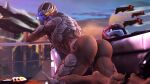  3d_(artwork) absurd_res against_railing against_surface alien anus armor balcony blue_pussy bodypaint butt butt_focus butt_shot city cityscape digital_media_(artwork) face_paint female food furniture genitals headgear helmet hi_res leaning leaning_forward looking_at_viewer looking_back mass_effect mass_effect_andromeda nude on_sofa outside presenting presenting_hindquarters pupils pussy railing skyscraper slit_pupils sofa solo spacecraft sushi thevioletghost turian vehicle vetra_nyx video_games visor 