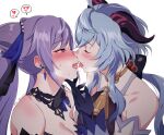  2girls bare_shoulders bell blue_hair blush breasts cleavage closed_eyes cowbell detached_collar detached_sleeves double_bun dress ganyu_(genshin_impact) genshin_impact gloves goat_horns hair_cones hair_ears horns imminent_kiss keqing_(genshin_impact) keqing_(opulent_splendor)_(genshin_impact) kiss multicolored_clothes multicolored_dress multiple_girls negom official_alternate_hairstyle open_mouth purple_eyes purple_hair saliva saliva_trail strapless strapless_dress sweat tongue tongue_out twintails two-tone_dress yuri 