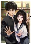  1boy 1girl bangs black_hair black_jacket black_sailor_collar black_skirt blurry blurry_background body_writing border brown_hair chair chitanda_eru curtains hair_between_eyes happy highres holding holding_pen hyouka indoors jacket long_hair long_sleeves mery_(yangmalgage) neckerchief open_mouth oreki_houtarou outside_border pen pleated_skirt purple_neckerchief sailor_collar school_uniform short_hair skirt smile table teeth translation_request upper_teeth white_border window 