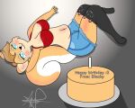  anthro belly big_breasts birthday birthday_cake blue_eyes breasts brown_body brown_fur brown_hair cake candle clothed clothing dessert female fluffy fluffy_tail food fur hair happy happy_birthday hi_res huge_breasts legs_together long_socks mammal narrowed_eyes navel pachy_squirrel pinup pose rodent sciurid sexy_eyes solo tree_squirrel unknown_artist wide_hips 