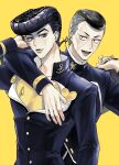  2boys black_hair blue_eyes diamond_wa_kudakenai gakuran grey_hair higashikata_josuke highres jojo_no_kimyou_na_bouken male_focus multicolored_hair multiple_boys nijimura_okuyasu peace_symbol pompadour purple_eyes ranch_jjba school_uniform two-tone_hair yen_sign 