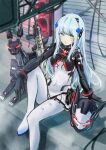  1girl armored_bodysuit assault_rifle bangs black_bodysuit blunt_bangs bodysuit breasts covered_navel cross_hair_ornament girls&#039;_frontline green_eyes gun h&amp;k_hk416 hair_ornament highres hk416_(girls&#039;_frontline) hk416_(midnight_evangelion)_(girls&#039;_frontline) long_hair medium_breasts multicolored_bodysuit multicolored_clothes official_alternate_costume redz rifle silver_hair sitting solo teardrop_facial_mark teardrop_tattoo weapon white_bodysuit 