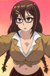  1girl blush braid breasts brown_eyes brown_hair cleavage english_commentary glasses gradient gradient_background hair_ornament hairclip highres hug ibispaint_(medium) josephscrand kyochuu_rettou long_hair looking_at_viewer naruse_chitose navel open_mouth pov red-framed_eyewear school_uniform shirt simple_background skirt solo tied_jacket tied_shirt twin_braids twitter_username upper_body 