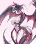  1girl arms_under_breasts black_scales black_tail black_wings breasts cleavage dragon dragon_girl dragon_horns dragon_tail dragon_wings dragonmaid_sheou duel_monster green_eyes highres horns house_dragonmaid k.nock large_breasts looking_at_viewer scales tail wings yu-gi-oh! 