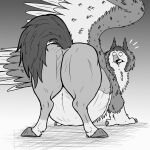  after_vore avian beak belly big_belly black_and_white butt diego_(thatgryphonguy) equid equine feral gryphon hi_res hooves horse hybrid male mammal monochrome mythological_avian mythology raised_tail sagging_stomach solo surprised_expression thatgryphonguy vore wings 
