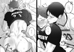  2boys absurdres anal bed_sheet black_hair blush bottomless greyscale haikyuu!! highres hinata_shouyou kageyama_tobio knee_pads lovemaronmeru0827 male_focus monochrome multiple_boys penis sex sheet_grab speech_bubble sportswear thought_bubble top-down_bottom-up volleyball_uniform yaoi 