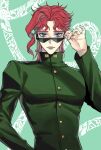  1boy adjusting_eyewear gakuran hierophant_green highres jojo_no_kimyou_na_bouken kakyoin_noriaki male_focus pink_hair purple_eyes ranch_jjba red_hair scar scar_across_eye school_uniform solo sunglasses tentacles 