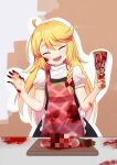  1girl absurdres apron bangs black_skirt black_vest blonde_hair blood blood_on_clothes blood_on_face blood_on_hands blush braid censored closed_eyes commentary_request cookie_(touhou) cowboy_shot cowlick cutting_board daikon eyebrows_visible_through_hair frilled_apron frills grater highres holding inabahitomi kirisame_marisa long_hair mosaic_censoring open_mouth pink_apron puffy_short_sleeves puffy_sleeves shirt short_sleeves side_braid single_braid skirt smile solo suzu_(cookie) teeth touhou upper_teeth vest waist_apron white_apron white_shirt 