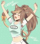  1girl bow breasts brown_hair cheer_up_(song) clenched_hands cosplay english_commentary english_text fangs green_background green_shirt hazumi_aileen highres indie_virtual_youtuber k-pop lion_girl lion_hair_ornament lion_tail lyrics medium_breasts navel nayeon_(twice) nayeon_(twice)_(cosplay) one_eye_closed ponytail shirt skirt solo sooangelion tail tail_bow tail_ornament twice_(group) virtual_youtuber white_skirt yellow_bow 
