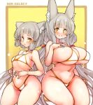  animal_ears bangs bikini blunt_bangs breasts cat_ears chest_jewel dual_persona facial_mark flat_chest large_breasts long_hair low_twintails navel nia_(blade)_(xenoblade) nia_(xenoblade) revision sachito short_hair silver_hair swimsuit twintails very_long_hair xenoblade_chronicles_(series) xenoblade_chronicles_2 yellow_eyes 