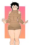  1girl absurdres arms_at_sides black_eyes black_hair blush boonsky border breasts brown_dress brown_sweater cowboy_shot dress english_commentary fingernails freckles highres legs_together long_sleeves looking_at_viewer medium_breasts nose_blush off-shoulder_dress off_shoulder original outside_border pink_background short_dress short_hair sleeveless sleeveless_turtleneck smile solo standing sweater turtleneck vanilla_(boonsky) white_border 