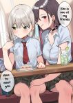  2girls blush breasts brown_hair button_gap cake choker cleavage collared_shirt cup diner drink drinking_glass drinking_straw ear_piercing eating english_text food fork green_eyes grey_hair hand_on_another&#039;s_thigh highres holding holding_fork long_hair looking_to_the_side medium_breasts mole mole_under_eye motto_notto multiple_girls necktie original panties panty_peek piercing pink_hair plaid plaid_skirt red_necktie school_uniform shirt short_hair short_sleeves sitting skirt speech_bubble sweatdrop table thighs under_table underwear yuri 