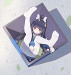  1girl absurdres ahoge animal_ears ass black_hair blue_archive blue_shirt blue_skirt covering covering_crotch fake_animal_ears feet from_above green_skirt highres in_container leaf leaf_on_head legs legs_up long_hair looking_at_viewer looking_up lying miyu_(blue_archive) nitronn_(nitrun) no_shoes on_back open_mouth panties panties_under_pantyhose pantyhose rabbit_ears recycle_bin red_eyes school_uniform serafuku shirt skirt soles solo thighband_pantyhose thighs trash_can two-tone_skirt underwear white_legwear white_panties 