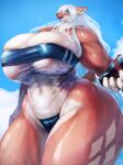  anthro big_breasts breasts brown_body brown_fur cervid cleavage clothed clothing female fur gris_swimsuit hair hi_res huge_breasts mammal meme meme_clothing one-piece_swimsuit osaki_eru solo swimwear thick_thighs tongue tongue_out translucent translucent_clothing translucent_swimwear white_hair 