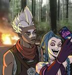  1boy 1girl :d asymmetrical_bangs bangs bare_shoulders black_gloves braid character_name closed_mouth d_(xxl30433461) dark-skinned_male dark_skin ekko_(league_of_legends) fang fingerless_gloves forest gloves highres jinx_(league_of_legends) league_of_legends mohawk nature outdoors pink_eyes real_life_insert selfie shoulder_tattoo smile tattoo teeth tree twin_braids undercut 