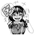  1girl bangs blush breasts commentary_request dead_by_daylight feng_min greyscale heart medium_breasts medium_hair monochrome mouth nib_pen_(medium) open_mouth polo_shirt smile solo takayama_akira tongue tongue_out traditional_media upper_body v 