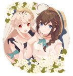  2girls ahoge black_ribbon blonde_hair blue_eyes blush braid brown_hair buttons closed_mouth collarbone eyebrows_visible_through_hair flower hair_between_eyes hair_flaps hair_ornament hair_ribbon hairclip hat kantai_collection long_hair multiple_girls open_mouth red_eyes ribbon shakemi_(sake_mgmgmg) shigure_(kancolle) shigure_kai_ni_(kancolle) shirt single_braid smile white_flower white_shirt yuudachi_(kancolle) yuudachi_kai_ni_(kancolle) 