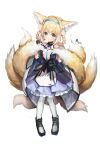  1girl :o a_(sofi3103) absurdres animal_ears arknights artist_name bangs blonde_hair breasts commentary eyebrows_visible_through_hair full_body green_eyes hair_between_eyes hairband hairstyle_request hand_up highres light_blush looking_at_viewer medium_hair open_mouth shiny shiny_clothes shiny_hair simple_background small_breasts solo standing suzuran_(arknights) tareme touching_tail wavy_hair white_background white_legwear 