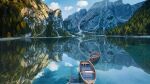  absurdres blue_sky cloud commentary_request forest highres lake lifebuoy mountain nature no_humans oar original outdoors photo-referenced prachinabana reflection rowboat scenery sky tree water 