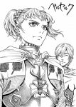  1boy 1girl armor berserk braid cape closed_eyes commentary_request copyright_name crosshatching eyelashes farnese_(berserk) frown hatching_(texture) highres monochrome serious serpico_(berserk) takayama_akira twintails 