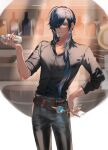  1boy alternate_costume bangs black_pants black_shirt blue_eyes blue_hair bottle closed_mouth cocktail_shaker commentary_request cup earrings eyepatch genshin_impact highres hiiro_(coinxtossxdive) holding holding_cup jewelry kaeya_(genshin_impact) long_hair looking_at_viewer male_focus pants shirt single_earring solo 