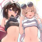  2girls :d bangs bare_shoulders bikini_lift black_choker blonde_hair blue_archive blush bow_hairband breasts brown_hair choker clothes_lift eyebrows_visible_through_hair eyewear_on_head hairband halo hands_up hifumi_(blue_archive) lifted_by_self long_hair looking_at_viewer mashiro_(blue_archive) medium_hair mouth_hold multiple_girls navel off_shoulder purple_eyes short_sleeves simple_background small_breasts smile stomach sunglasses twintails upper_body ushimittsu white_background yellow_eyes 