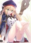  1girl artoria_pendragon_(caster)_(fate) artoria_pendragon_(fate) bangs belt beret black_gloves blonde_hair blue_cape blue_headwear blush breasts buttons cape double-breasted dress fate/grand_order fate_(series) feet gloves green_eyes hat highres hood hooded_cape long_hair long_sleeves looking_at_viewer multicolored_cape multicolored_clothes neko_daruma red_cape small_breasts solo twintails white_dress 