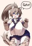  2022 5_fingers absurd_res akamu_ver20 anthro big_breasts blue_eyes blush bottomwear breasts brown_body brown_fur brown_hair claws clothed clothing cute_fangs dialogue felid female finger_claws fingers fur hair hi_res inner_ear_fluff japanese_school_uniform kemono long_hair looking_at_viewer mammal markings multicolored_body multicolored_fur multicolored_hair multicolored_tail open_mouth pantherine paw_pose ponytail portrait pose school_uniform skirt snow_leopard solo speech_bubble tan_body tan_fur tan_hair text three-quarter_portrait tight_clothing tongue tuft uniform white_body white_fur 