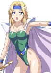  1girl blonde_hair blue_eyes blue_headband breasts cape celes_chere cleavage commentary_request facing_viewer final_fantasy final_fantasy_vi gauntlets green_leotard hai_(h81908190) headband highleg highleg_leotard leotard long_hair medium_breasts simple_background solo white_background white_cape 