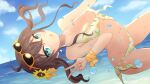  :o ahoge aqua_eyes bikini brown_hair earrings esuki eyewear_on_head flower hair_flower hair_ornament highres hololive jewelry natsuiro_matsuri ocean ribbon side-tie_bikini swimsuit twintails v virtual_youtuber water_drop wrist_ribbon 