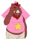  2022 anthro blush bottomwear clothing eyes_closed harushipanda hi_res humanoid_hands male mammal overweight overweight_male pants password_(visual_novel) roswell_(password) shirt simple_background solo suid suina sus_(pig) topwear video_games visual_novel wild_boar 