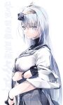  1girl bangs black_gloves breasts character_name closed_mouth clothes_writing commentary_request dated fuyutsuki_(kancolle) gloves grey_eyes grey_neckerchief hachimaki hair_between_eyes headband headgear kantai_collection large_breasts long_hair looking_at_viewer n:go neckerchief silver_hair solo translation_request twitter_username upper_body very_long_hair white_headband 