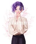  1boy blonde_hair character_name collared_shirt covering_mouth ear_piercing earrings floral_background flower highres jewelry kureha_aoi long_sleeves looking_at_viewer multicolored_hair nyamnyam0502 pants paradox_live piercing purple_eyes purple_hair shirt short_hair solo white_background white_shirt 