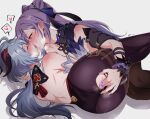  2girls bare_back blue_hair blush censored closed_eyes fingering french_kiss ganyu_(genshin_impact) genshin_impact goat_horns grey_background hair_cones heart heart_censor horns keqing_(genshin_impact) keqing_(opulent_splendor)_(genshin_impact) kiss long_hair looking_at_another multiple_girls negom official_alternate_costume pantyhose purple_hair pussy_juice pussy_juice_trail saliva shoulder_blush simple_background spoken_heart sweat tongue tongue_out torn_clothes torn_legwear yuri 