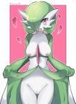  2020 absurd_res areola artist_name blush border breasts clothed clothing digital_media_(artwork) female gardevoir genitals green_hair hair hi_res humanoid mrthunderigor00 nintendo nipples open_mouth pink_background pok&eacute;mon pok&eacute;mon_(species) pussy red_eyes simple_background solo video_games white_body white_border 