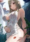  1girl bangs bare_shoulders blush bracelet breasts brown_eyes brown_hair cleavage collarbone dress elf grass highres jewelry large_breasts long_hair necklace original parted_lips pointy_ears solo swept_bangs takeashiro thighs water waterfall wet white_dress 