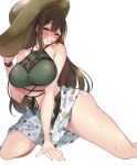  ahoge bikini blush bracelet breasts cleavage eryu_kamemura hat highres idolmaster idolmaster_shiny_colors jewelry kuwayama_chiyuki large_breasts long_hair sarong see-through spread_legs sun_hat sweat swimsuit thick_thighs thighs 